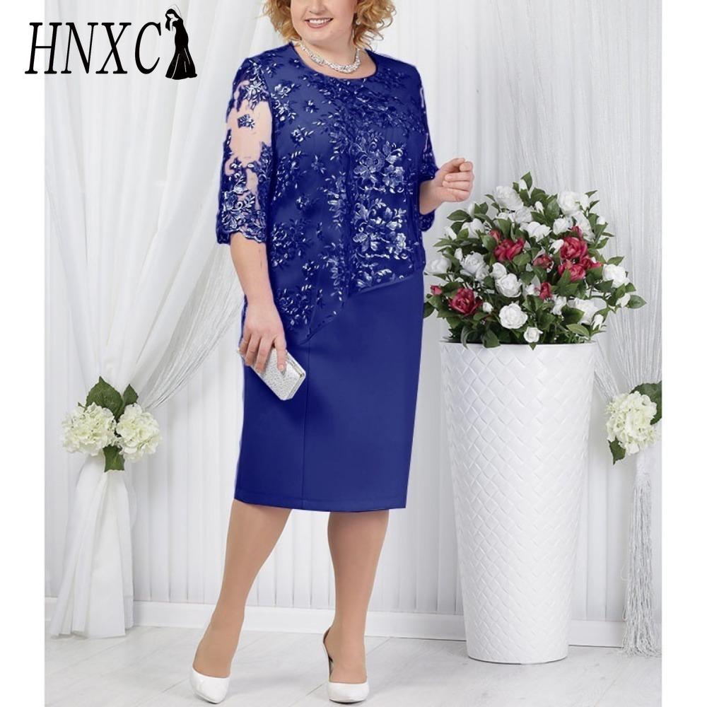 

HNXC S-5XL Сукня для вечірки довжини до коліна з мереживним верхом та аплікацією по подолу XXL темно-синього кольору