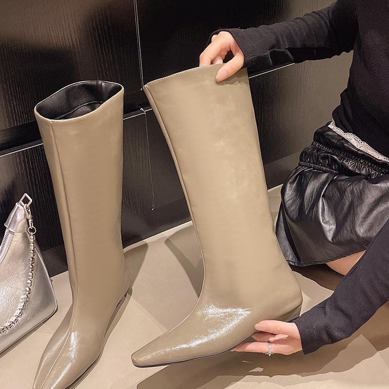 

Winter Street Style Pointed Toe Knee-High Women Boots Low Heel Stripper Party Shoes Female Vintage Long Booties Zapatos De Muje 35 сірий колір