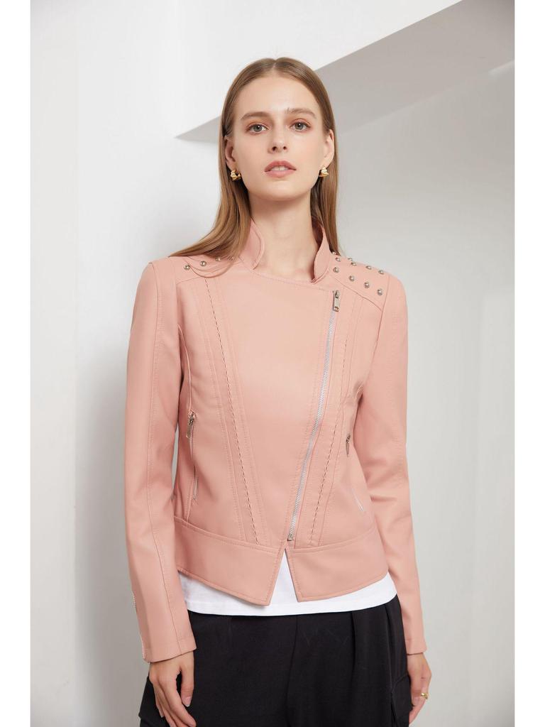 European Women's Beaded Leather Motorcycle Jacket - Long Sleeve, Lapel, Thin Fashion for Spring and Autumn 2023
