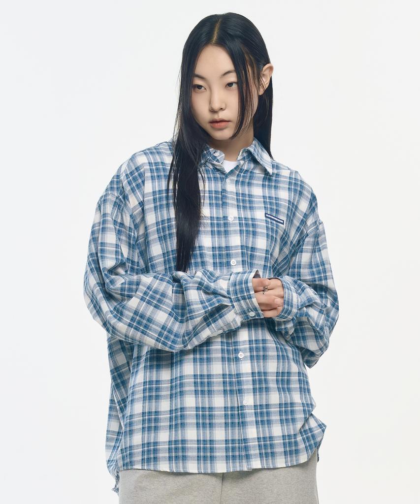 SLOW RECORD HOUSE Seersucker Oversized Check Shirt_Blue