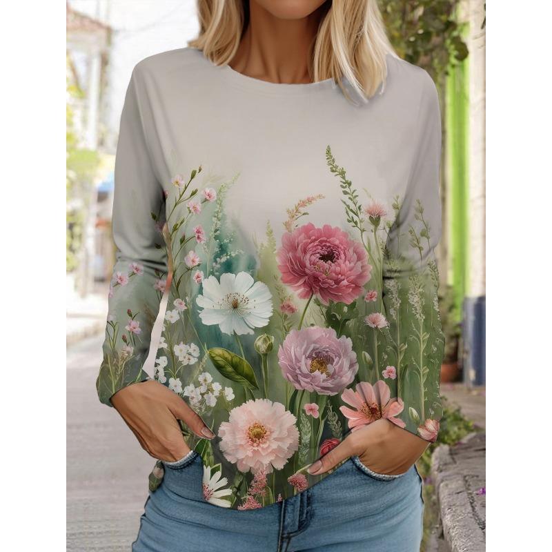 Women's 3d printed flower T-shirt fashion long-sleeved round neck regular tops holiday weekend blue spring and autumn wear