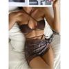 Women's Fashion Drawstring Lace Short Skirt Mesh Bikini Swimwear Set (3 Piece Set with Chest Cushion Without Steel Bracket)