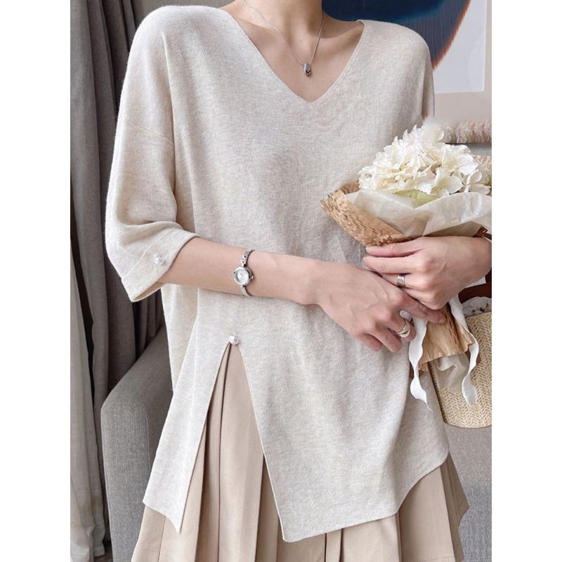 Spring and Autumn New Style Short-sleeved Women's Ice Silk Thin Style Loose Lazy Style Belly-covering V-neck Versatile