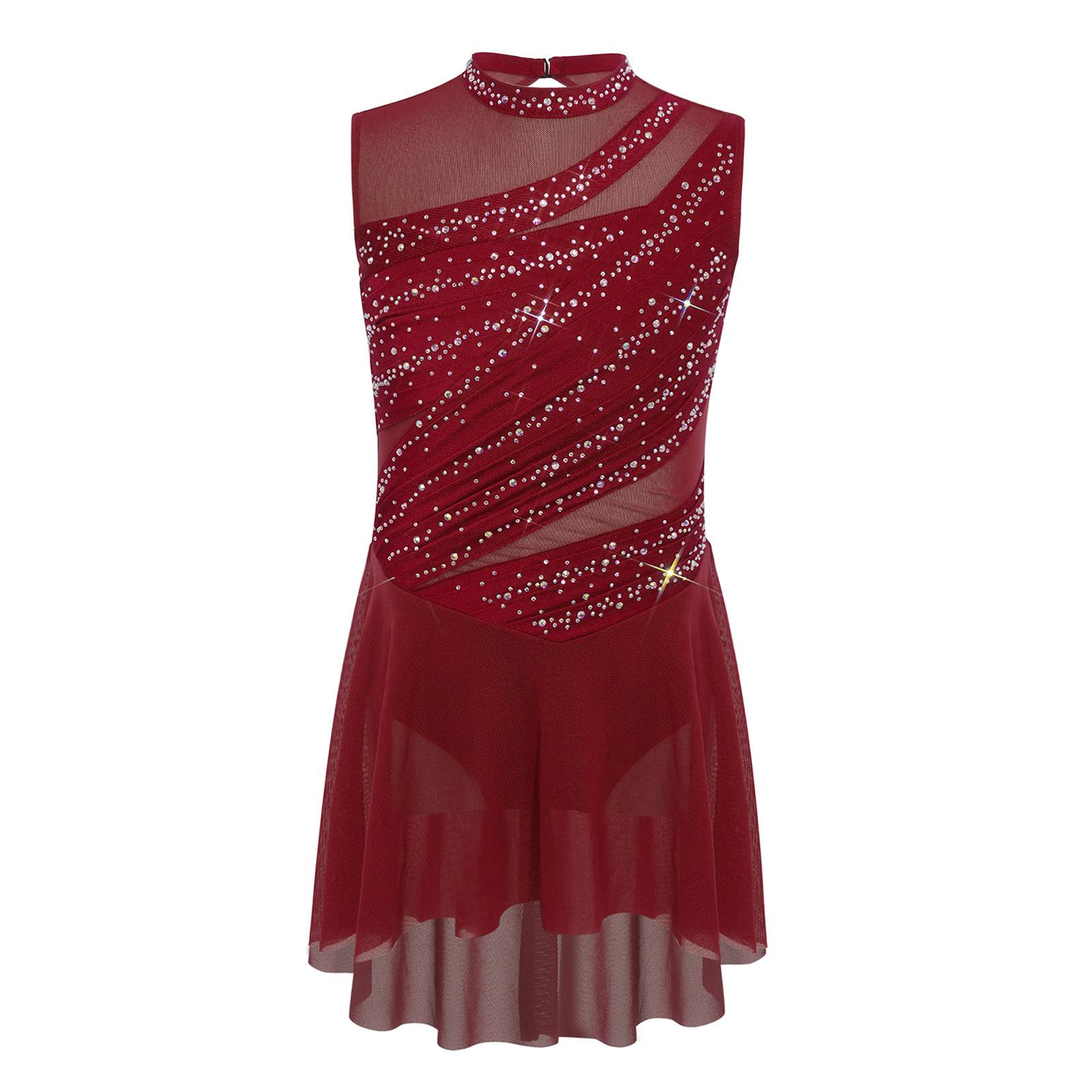 

Girls Lyrical Dance Performance Dress Sleeveless Cutout Back Mesh Patchwork High Low Hem Ruched Shiny Rhinestone Gown 5-6 Years бордовий