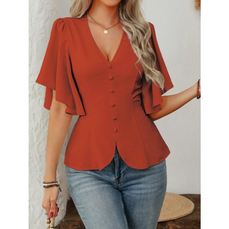 Women S V Neck Solid Color Single Breasted Waist Short Sleeve Blouse