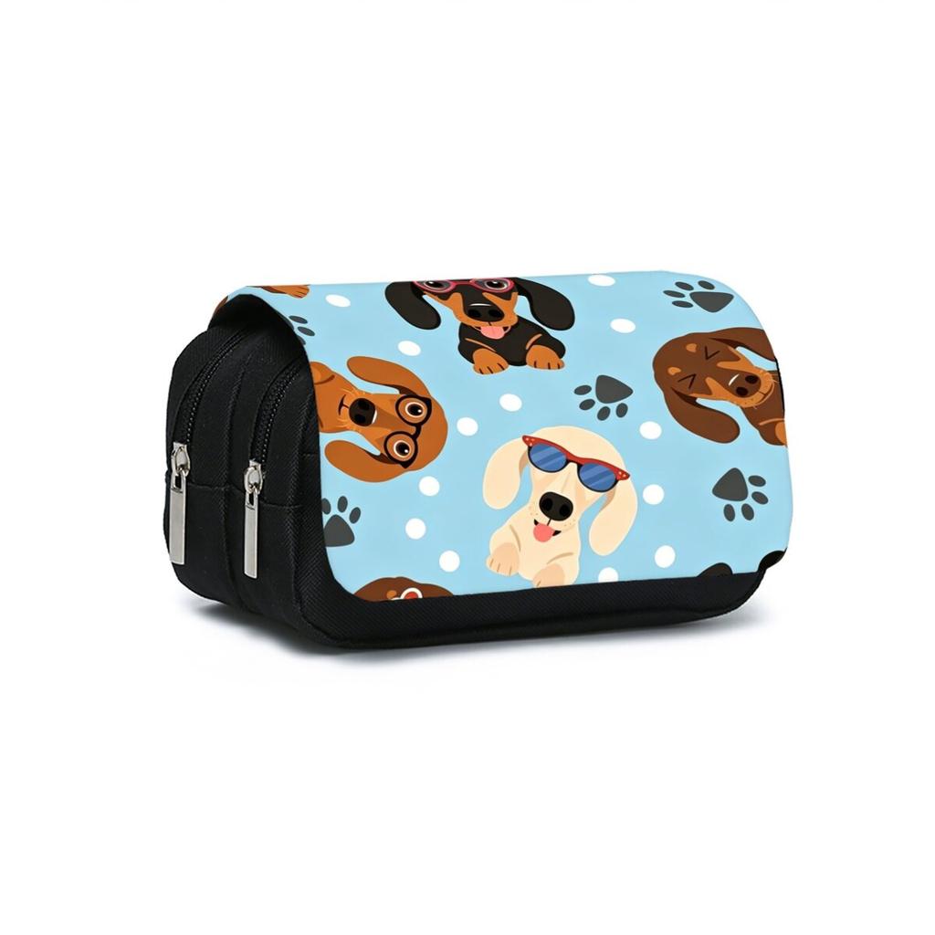 Cute Dachshund Print Double Layered Flip Pen Case for Boy/Girls Best Gifts 2D Cartoon School Supplies Pencil Case for Children
