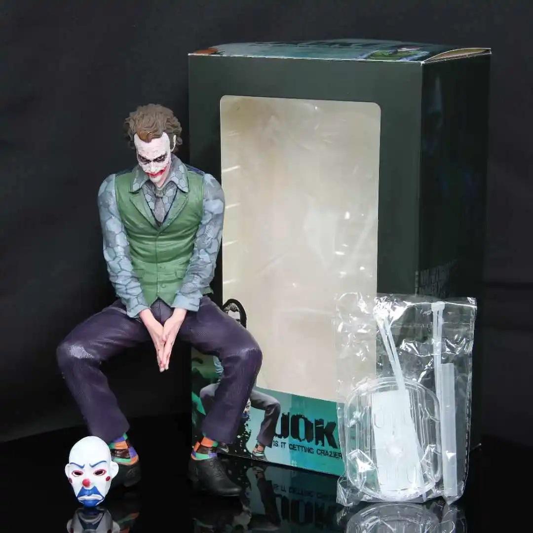

24cm Joker Heath Ledger Action Figure - Sitting Green Suit with Handheld Mask Desktop Decoration Toy for Collectors Xmas Gift with box