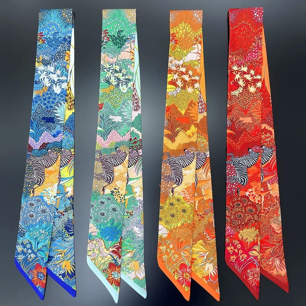 5CM Wide Women Colorful Printing Skinny Bag Scarf Brand Two Layer Silk Foulard Neck Tie Hair Scarves For Ladies
