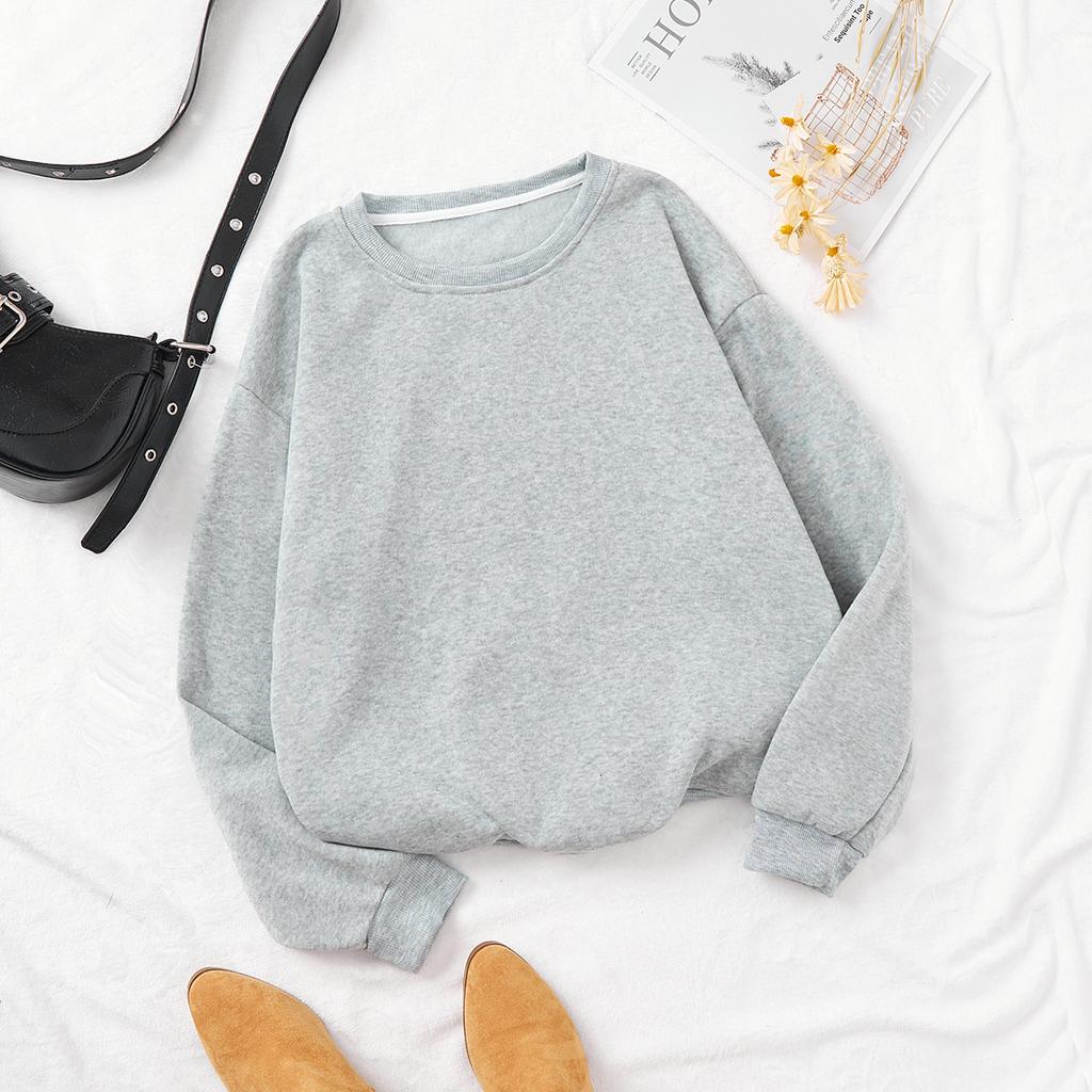 Spring Casual Hoodie Jacket Fleece Lined Loose Solid Round Neck Pullover Womenswear