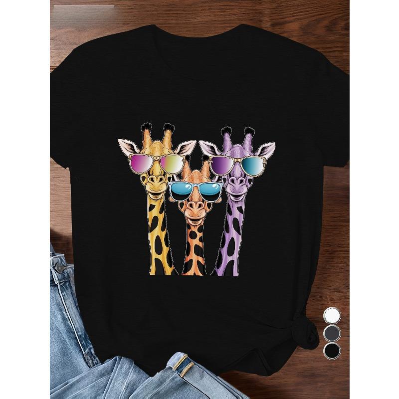 Europäische Größe Zeichentrickgiraffen mit Sonnenbrille Damen Übergröße Sport T-Shirt mit kurzen Ärmeln