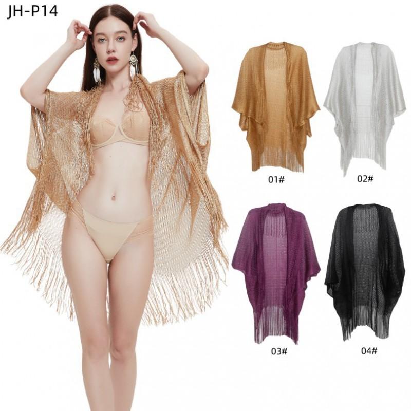 Womens Lightweight Sun Protection Shawl With Fringe Trim Gold Mesh Knit Cover-Up
