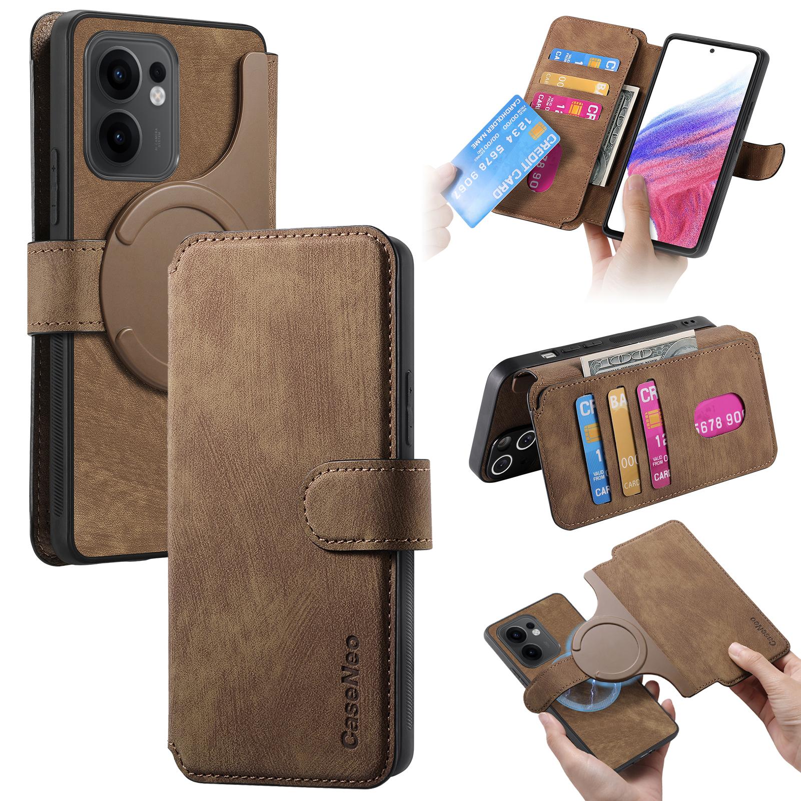 

For Oppo Reno13 F 5G Magnetic Case CASENEO Detachable Leather Phone Wallet Cover Brown