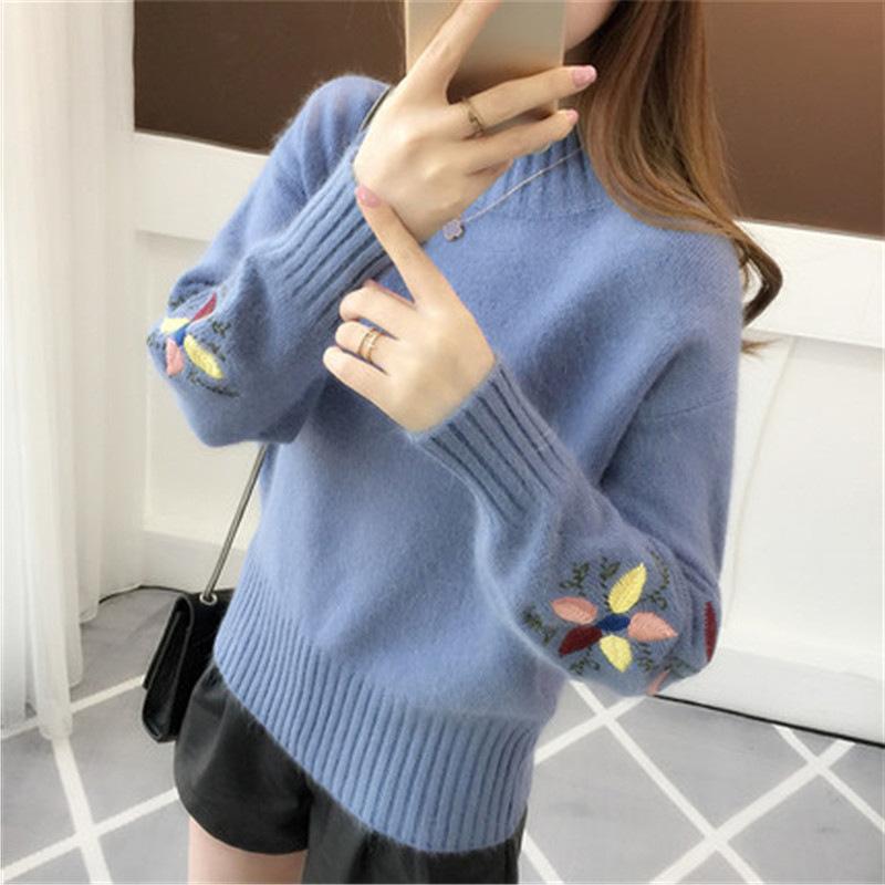 Autumn and Winter Women's Half Neck Pullover Sweater Embroidered Knitted Sweater for Women