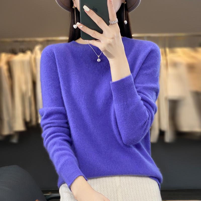 Women's Round Neck Wool Knit Sweater - Simple, Versatile, Long Sleeve Base Layer