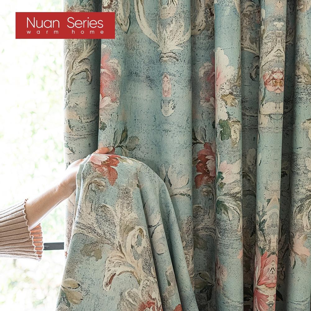 1PC Nuan Series French Idyllic Style Blackout Curtains Blue Bottom Peony Print Curtains Thick Curtains for Bedroom Living Room Window for Home Decor