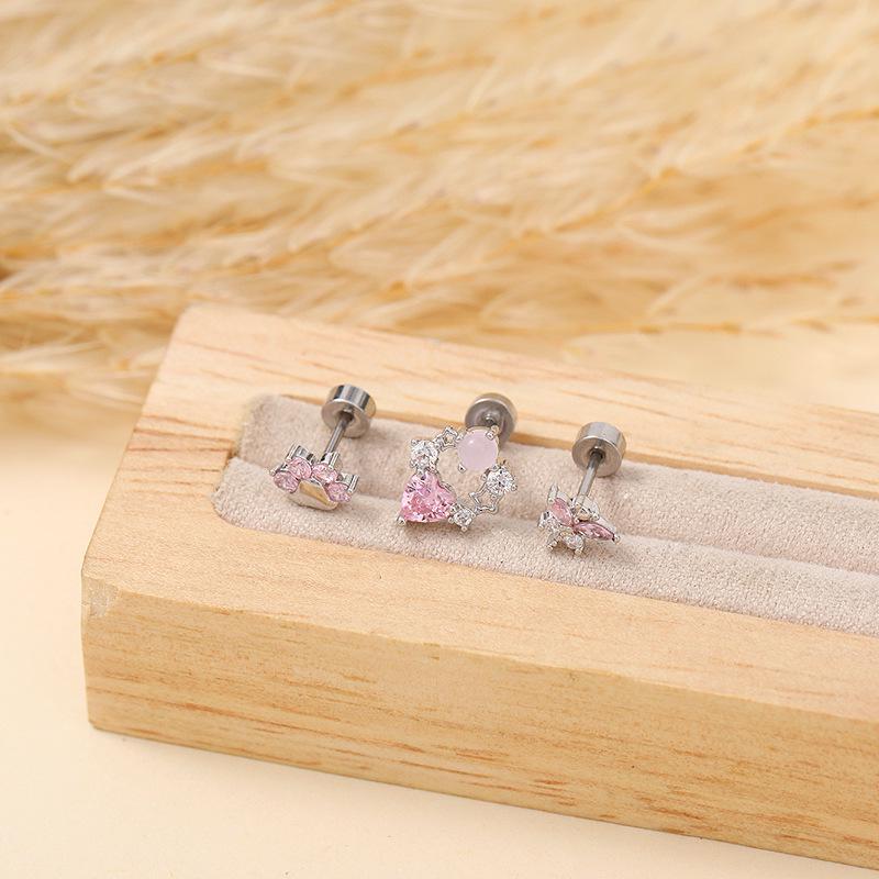 Sweet Pink Zircon Titanium Ear Stud Set: Butterfly, Heart & Cat Paw Designs