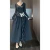 Women's Plus Size Elegant French Style Black Waist-Cinched Long Sleeve Dress
