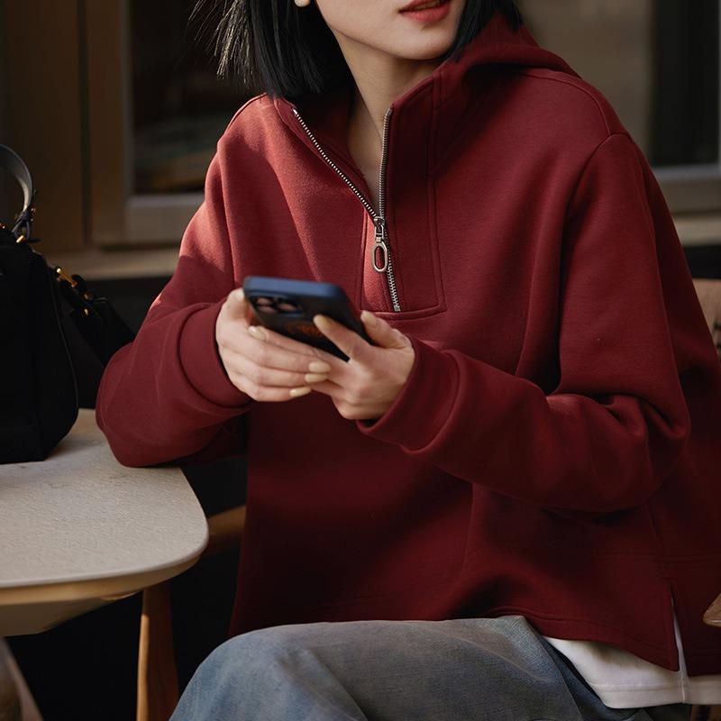 Air layer fake two-piece hooded sweater women's casual simple zipper pullover jacket top, season women's clothing