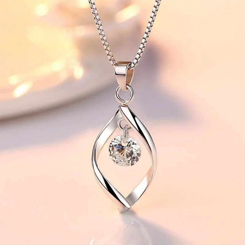 Silver Plated Twisted Open Teardrop Pendant Necklace, Floating Round CZ Box Chain Necklace for Women