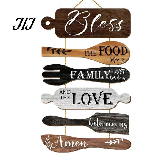 Distressed Kitchen Wall Art Rustic Wooden Hanging Sign for Decor, Cutlery Design Dining Room with Inspirational Family Slogan & Lanyard Farmhouse Home
