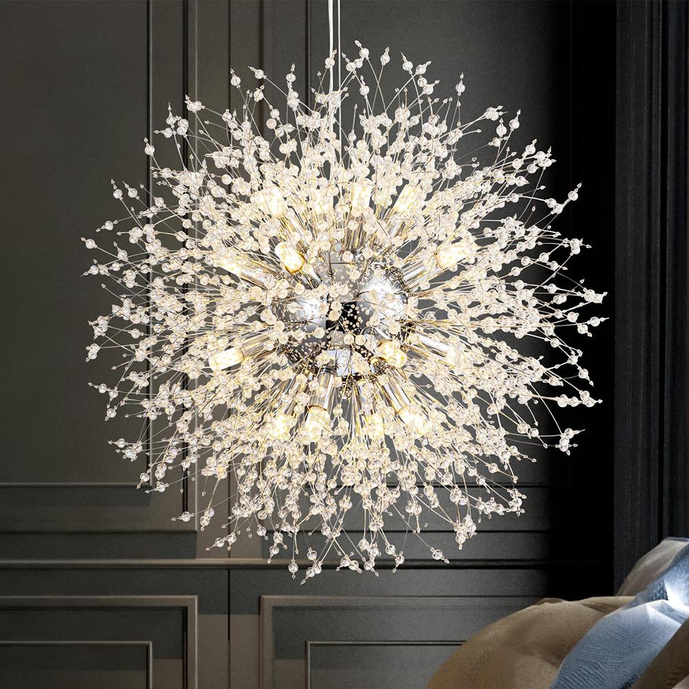 Modern Crystal Chandeliers Firework, Non-dimmable, 16-Light Chrome Dandelion Sputnik Ceiling Light Fixtures, for Bedroom Living Room