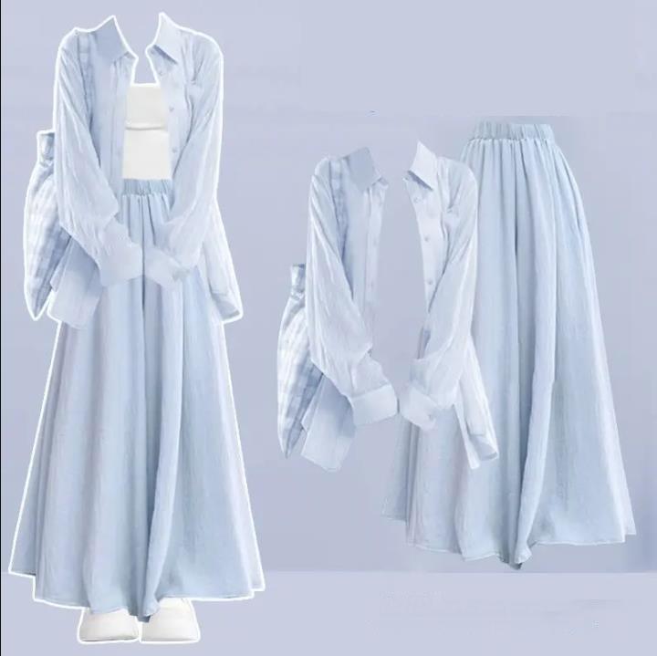 Spring Summer Women's Popular Dopamine Sunscreen Shirt Suspender with Casual Skirt Pants Three-piece Set for Women