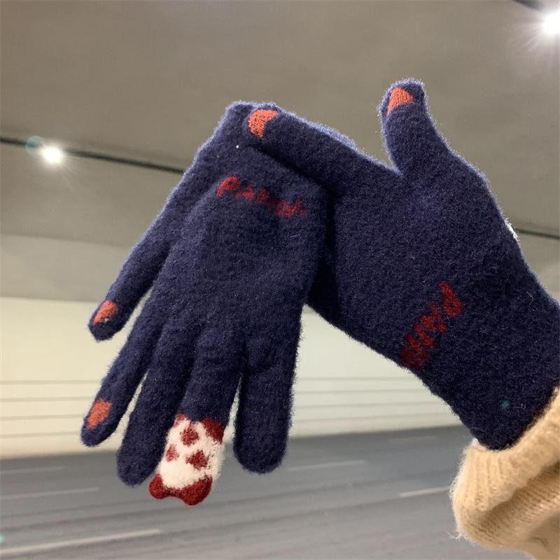Riding Gloves Touch Screen Five Fingers Cute Warm Thickened Cold Knitted Wool Cotton Gloves Fall And Winter Female