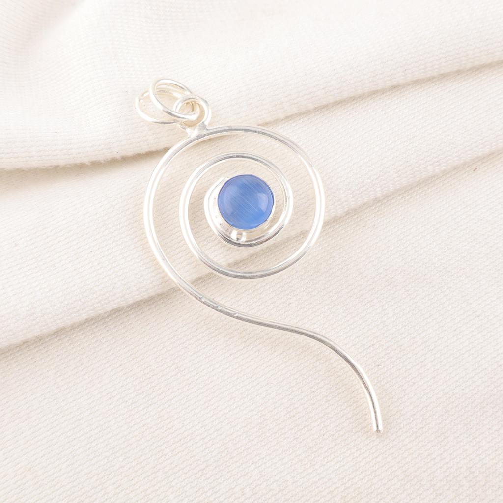 Dark Blue Cat's Eye Gemstone Pendant, 925 Solid Sterling Silver Jewelry, Handmade Designer Pendant Gift For Sister