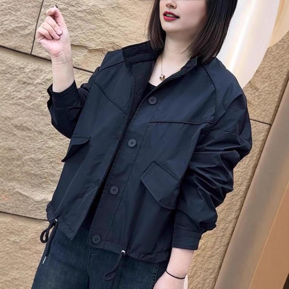 2025 Women's Frosted Jacket: Spring Fashion Loose Casual Solid Color Stand-Up Collar Top.