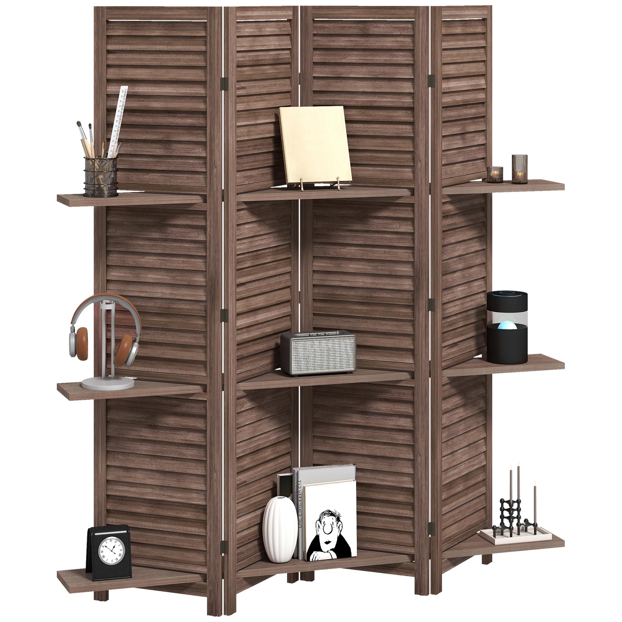 Paravent Intérieur en Bois à 4 Panneaux 160 X 170 Cm Paravent Pliant avec 3 Étagères Noyer