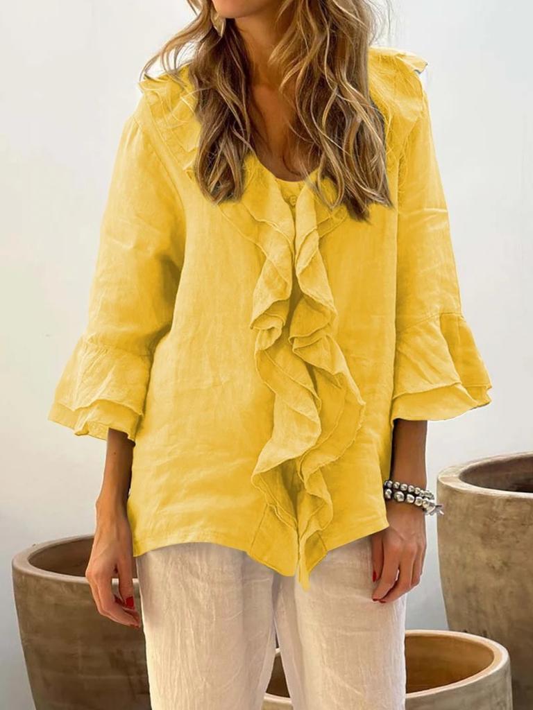Autumn Solid Color V-Neck Flared Sleeve Leaf Edge One-Row Multi-Buckle Arc Shoulder Top