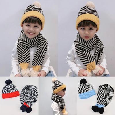 2Pcs/Set Kids Autumn Winter Hat Scarf Set Plush Ball Decor Striped Print Brimless Hat Knitting Scarf Set