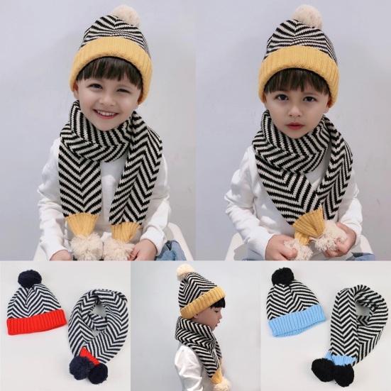 2Pcs/Set Kids Autumn Winter Hat Scarf Set Plush Ball Decor Striped Print Brimless Hat Knitting Scarf Set