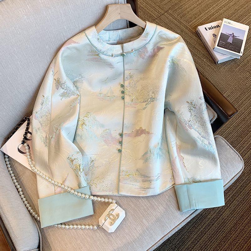 

Women s Spring New Arrival: Retro Chinese Landscape Tang Suit Jacket with Stand Collar Large