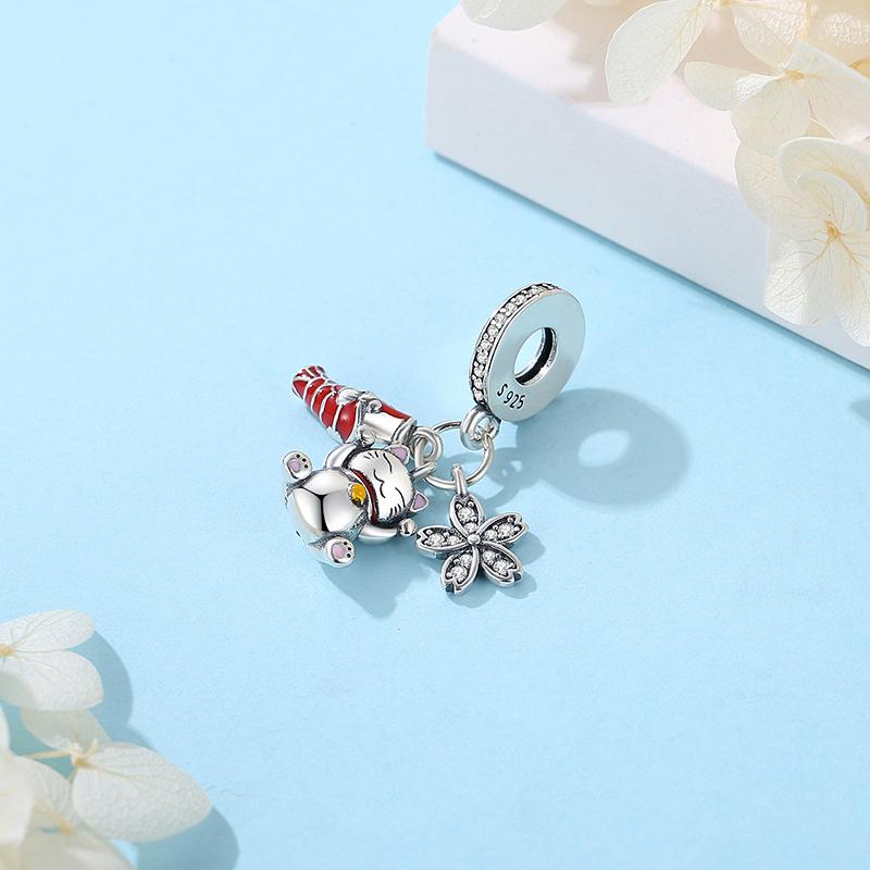 Original 925 Sterling Copper Charms Maneki Neko Lucky Fortune Cat Beads Pave CZ Fit Brand Bracelets Necklaces Women Zircon