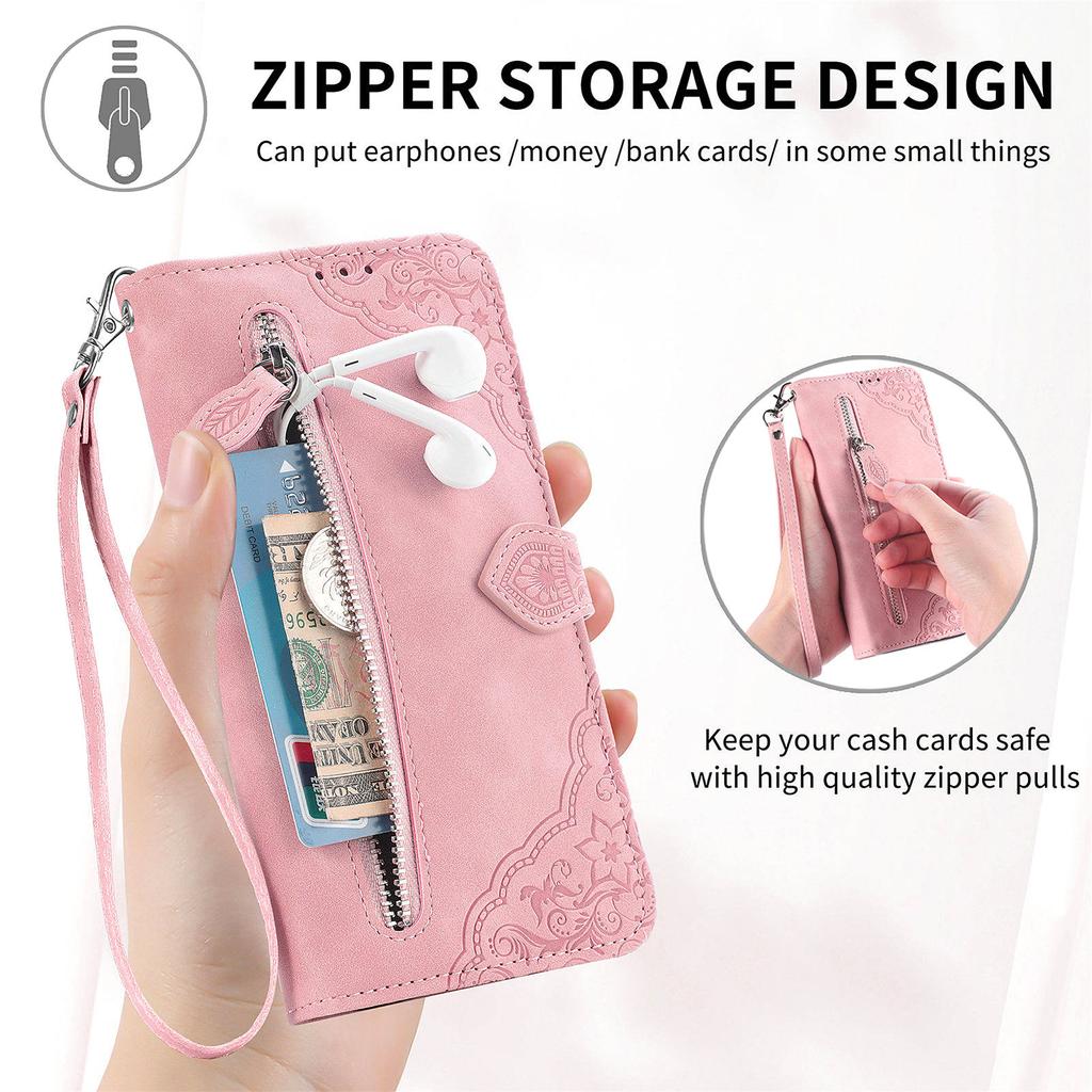 For Oppo Reno12 F 5G Zipper Wallet Case with Strap Flower Imprint PU Leather Phone Cover