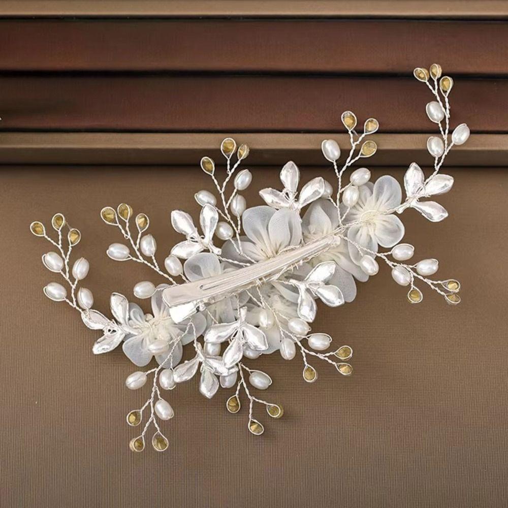 White Silk Flower Women Hair Pins Pearl Crystal Bride Tiara  Hair Accessories Jewelry