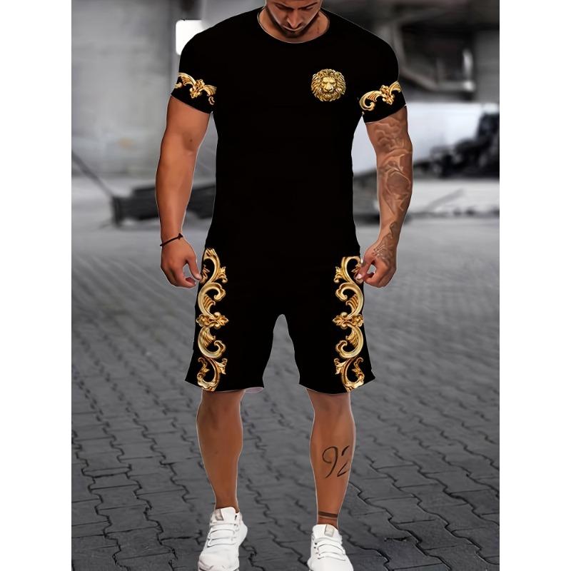 2-częściowy zestaw męskich krótkich spodenek z nadrukiem vintage, letni, swobodny, codzienny, męski T-shirt, sportowe spodenki plażowe dla mężczyzn