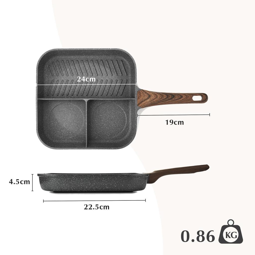 SENSARTE Divided Frying Pan 24cm Grill Pan, 3-Compartment, IH/Gas Stove Compatible, Marble Coating, PFOA-Free, Non-Stick, One-Year Warranty, Gray