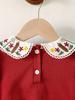 Adorable Red Vintage Dress for Toddler Girls | French-Inspired Floral Embroidered Peter Pan Collar with Bow, Long Sleeve Princess Dress
