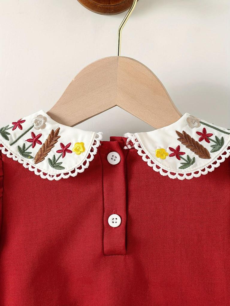 Adorable Red Vintage Dress for Toddler Girls | French-Inspired Floral Embroidered Peter Pan Collar with Bow, Long Sleeve Princess Dress