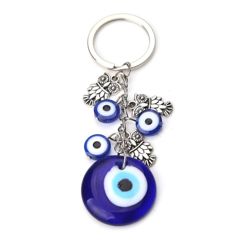 Lucky Eye Alloy Fatima Hand Elephant Owl Tree of Life Keychain Blue Turkish Evil Eye Key Chain Car Keyring for Women Men Jewelry