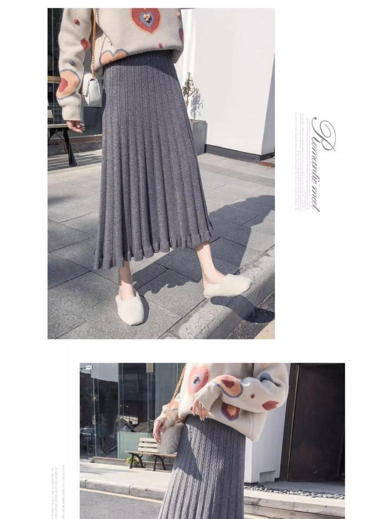 High-Waisted Long Knit Midi Skirt with Inner Layer - Winter & Autumn Style