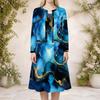 Women Plus Size Teal Blue Printed Round Neck Long Sleeve Cardigan Sleeveless Dress Two Piece Set