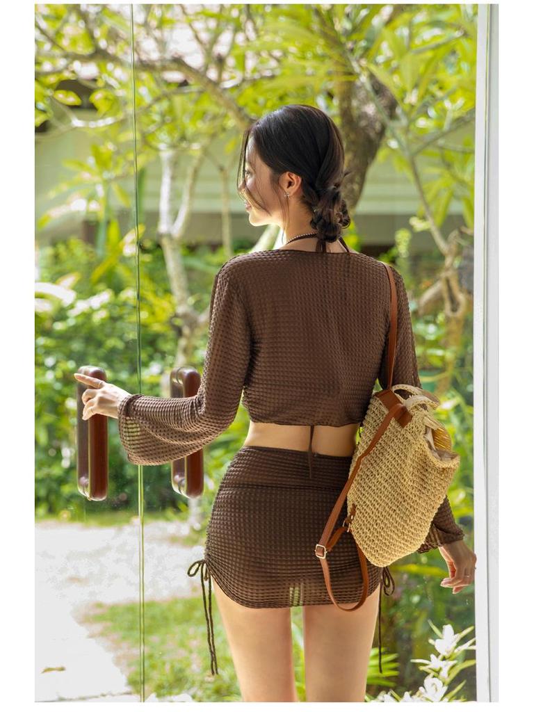 Elegant High-End Long Sleeve Four-Piece Bikini Set - High Waist Split Cover-Up for Women’s Casual Vacations