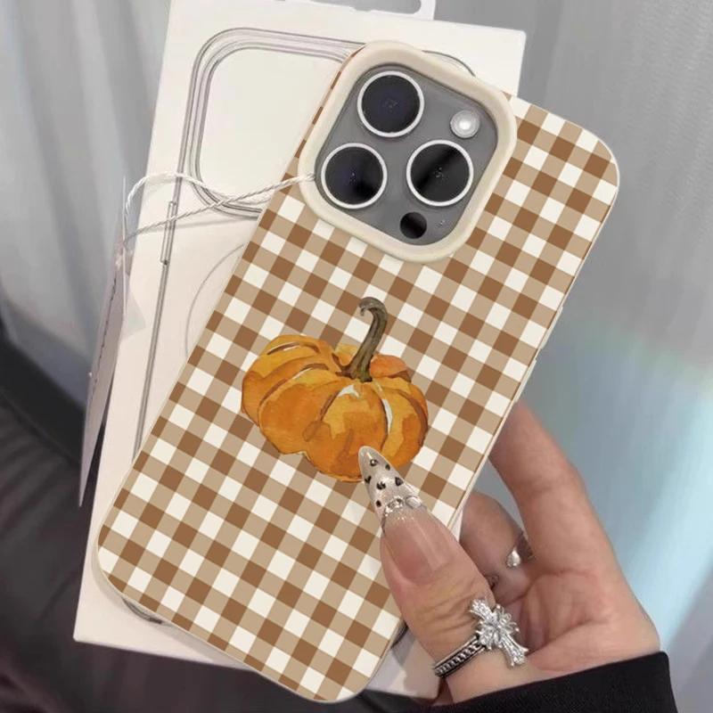 Checkered Pumpkin Personalized Mobile Phone Case For iPhone 16 Pro Max 15 Plus 14 13 12 11 17 Air XS XR X Faux Leather Cover