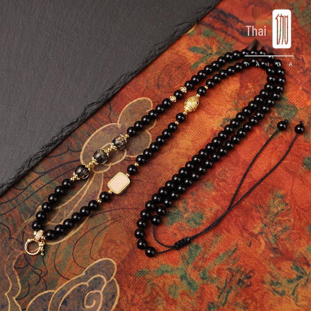 Autumn/Winter 6mm Black Agate Pendant Lanyard with Quick Release, Rune Design, and Thai Buddha Amulet for Sweater Chains