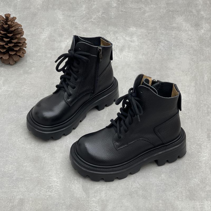 Johnature Ekte skinnstøvletter med tykk såle i britisk stil, allsidige damesko