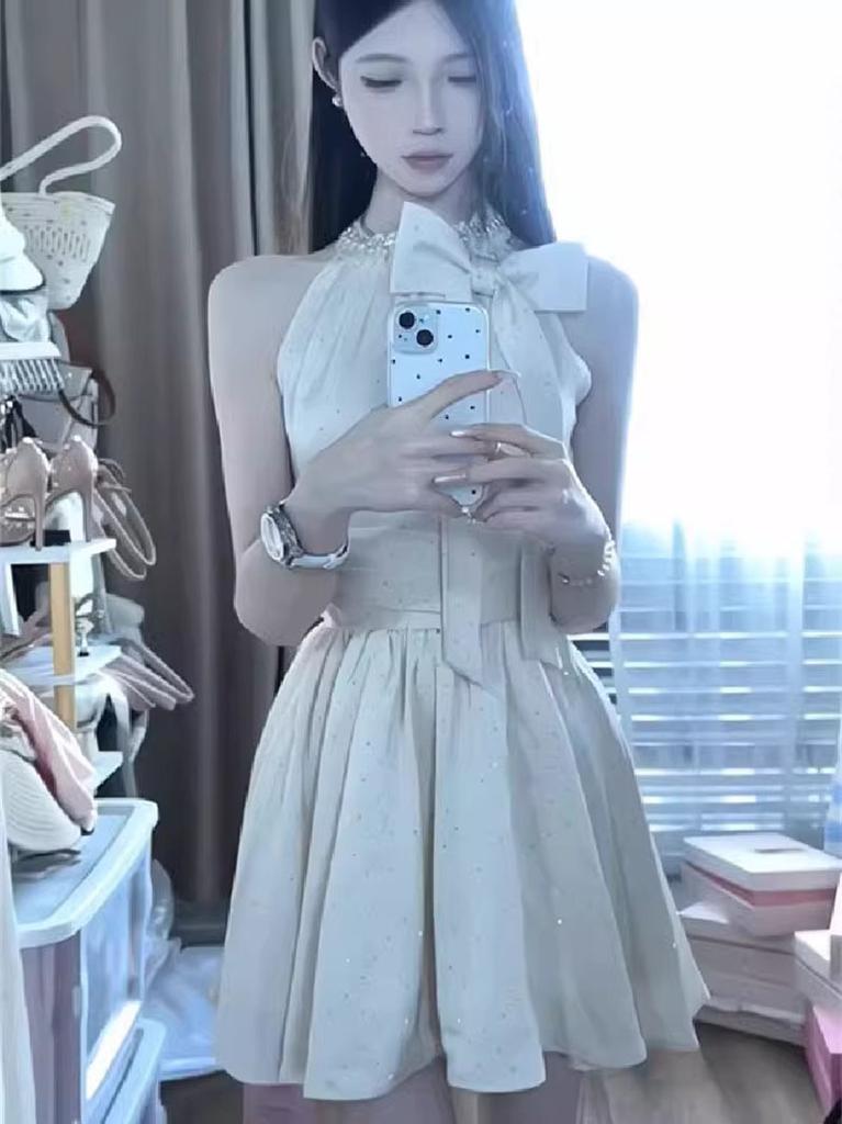 Rich Family Daughter Wind Hot Diamond Sleeveless Celebrity Bow Neck Dress Women's Summer Temperament Waist A Word Short Skirt