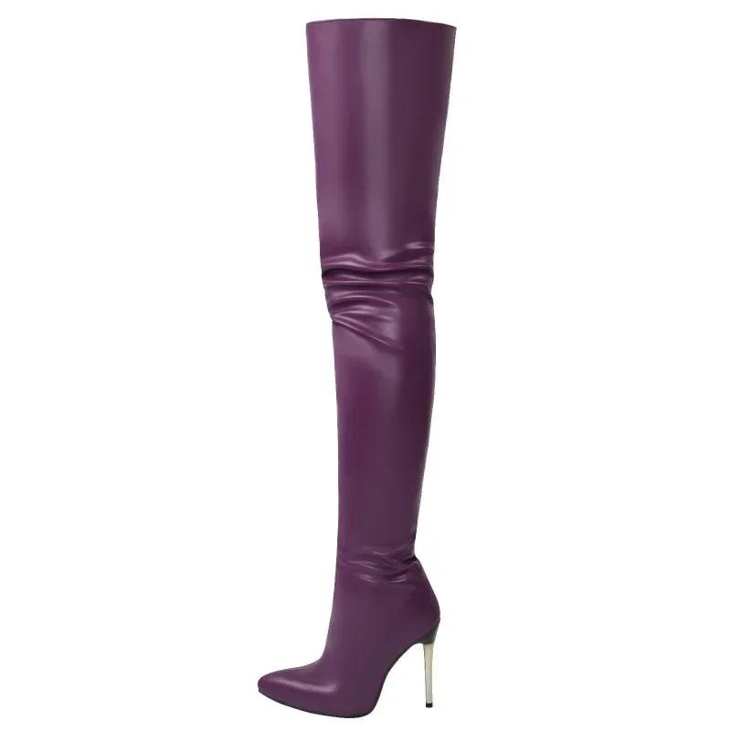 Women Patent Leather Boots Sexy Thigh High Boots Metal Stiletto Heels Fitted Party Boots Knee High Boot Big Size 45 46 47 48